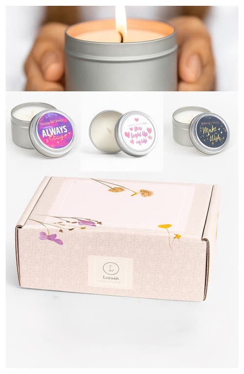 Lizush Trio Of Tin Soy Candle Scented With Bergamot And Lavender Essential Oils In White With Pastel Labels