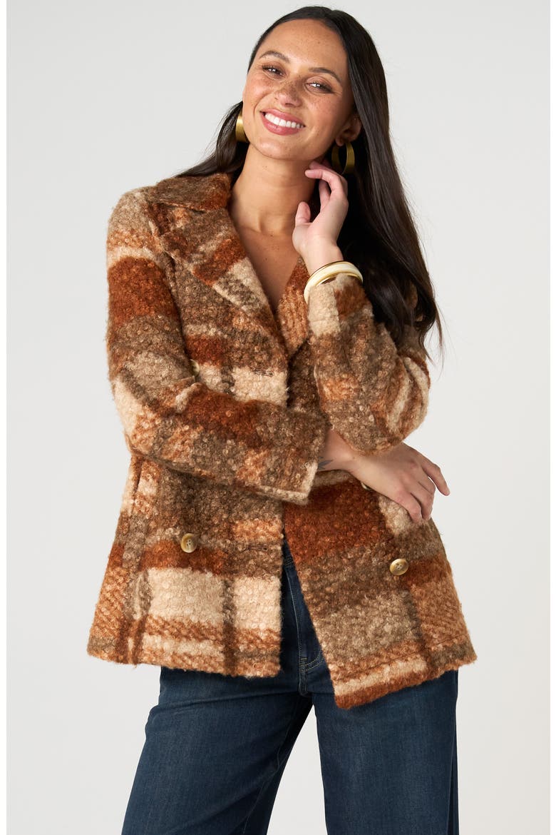 Double Breasted Plaid High Pile Fleece Coat, Alternate, color, NUTMEG MULTI