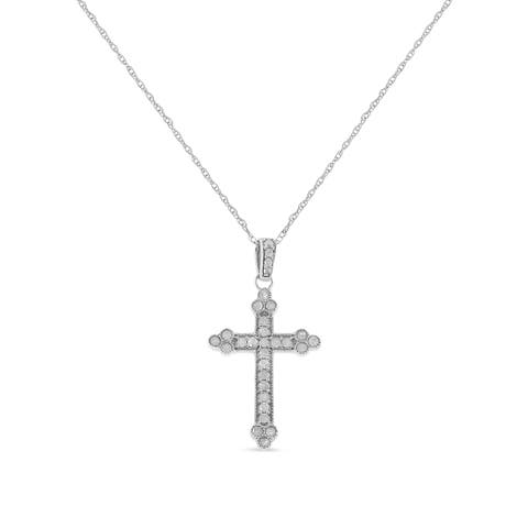 Silver 1/4 Cttw Prong Set Round-Cut Diamond Cross 18" Pendant Necklace