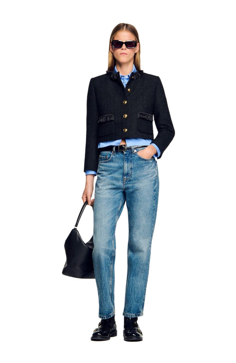 SANDRO Ruffled tweed jacket, Main, color, Black