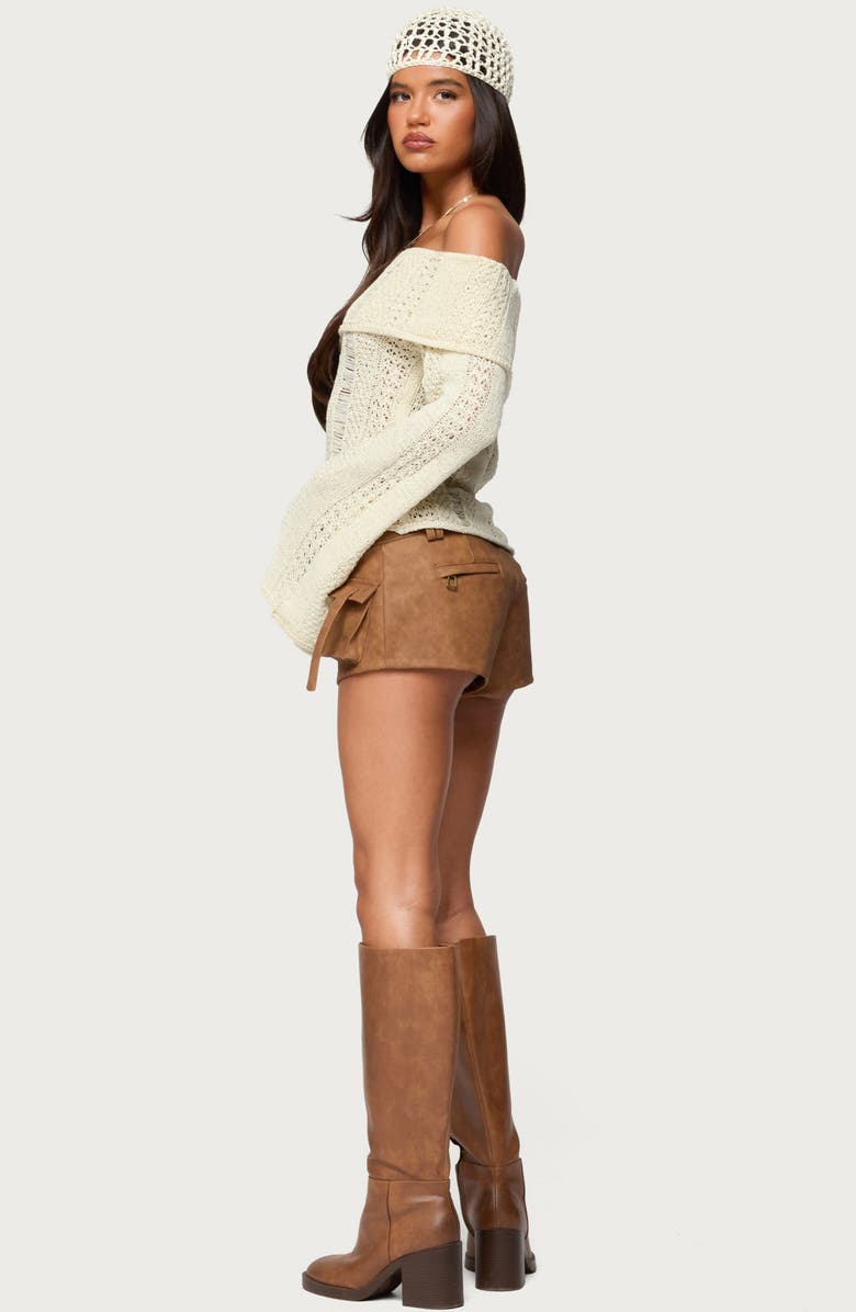 EDIKTED Distressed Foldover Off the Shoulder Sweater, Alternate, color, Cream