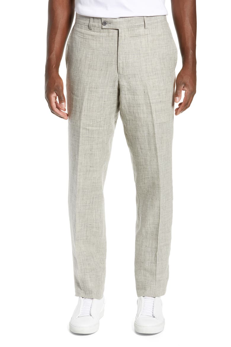 Flat Front Mélange Linen Trousers, Main, color, LIGHT GREY