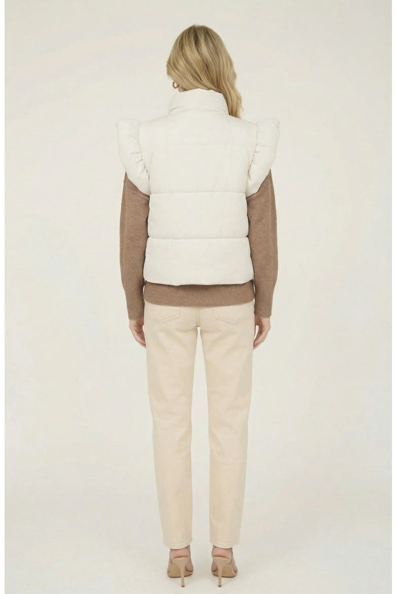Ruffle Shoulder Puffer Vest with Front Tie Closures and Stand Collar, Alternate, color, White