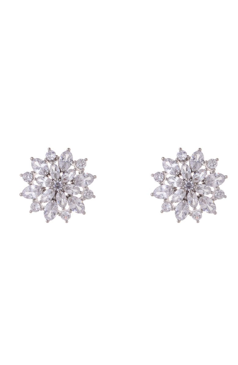 ZAXIE By Stefanie Taylor Cubic Zirconia Floral Stud Earrings, Main, color, Silver