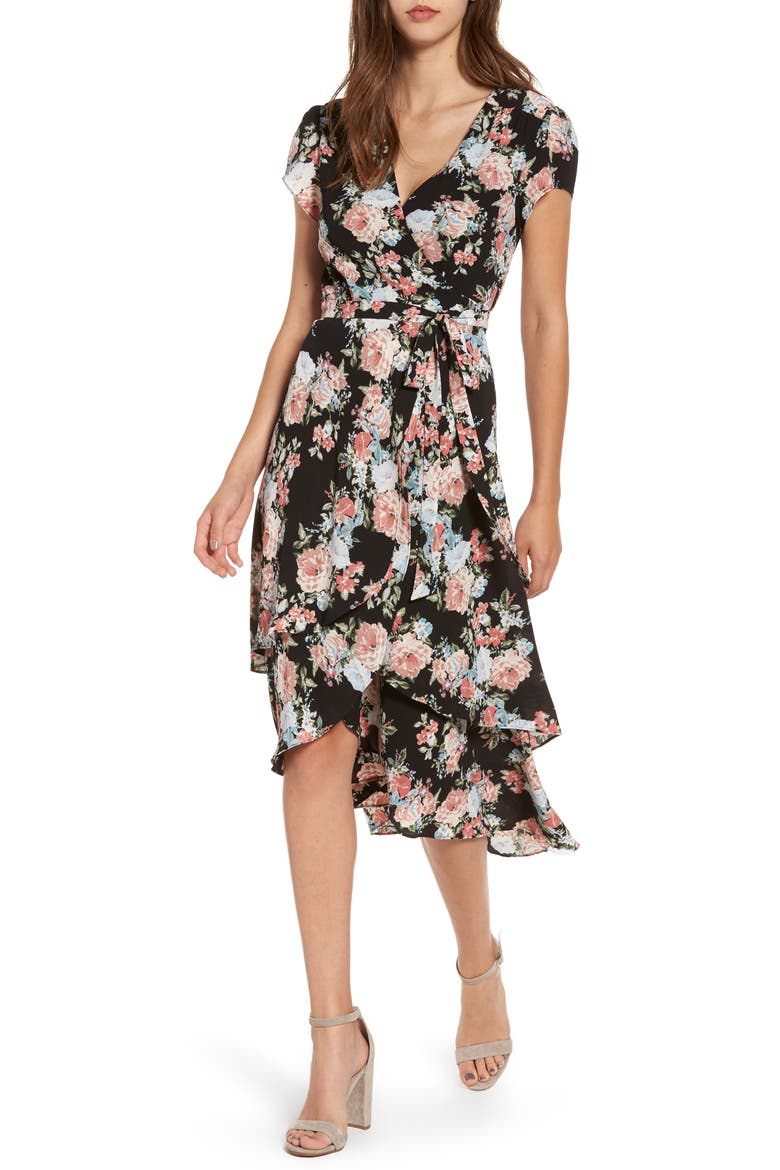 Oleander Wrap Midi Dress, Main, color, BLACK BOUQUET