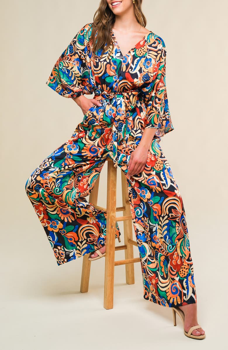 FLYING TOMATO Print Wide Leg Jumpsuit, Alternate, color, Black