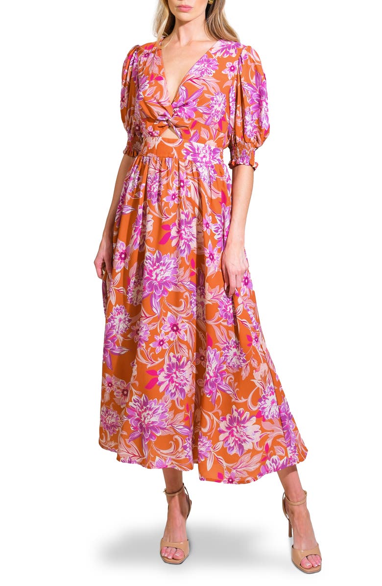 FLYING TOMATO Floral A-Line Midi Dress, Main, color, Rust