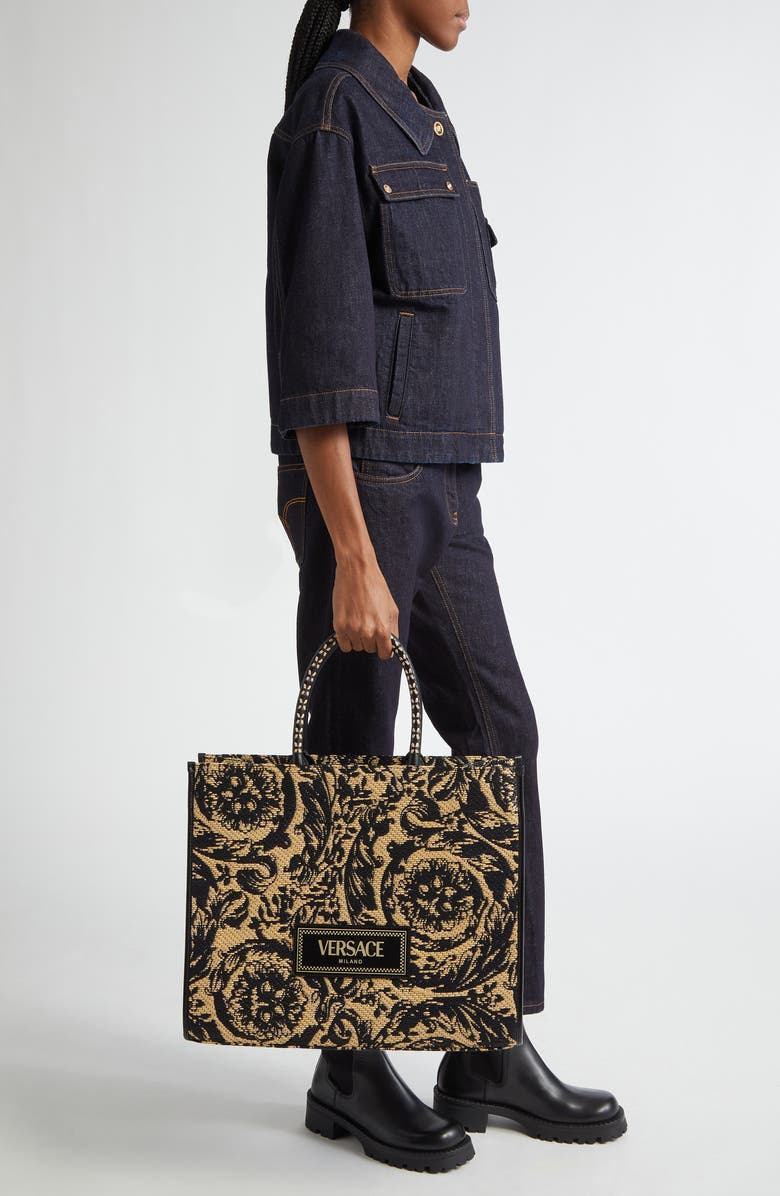 Versace Extra Large Athena Barocco Raffia Tote, Alternate, color,