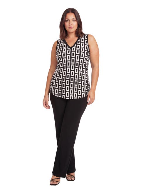 Curvy Essential Geometric Print V-Neck Sleeveless Round Hem Top and Elastic Waist Flared Pant Set