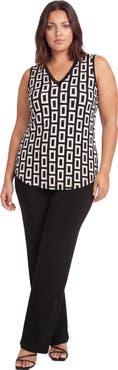 24seven Comfort Apparel Curvy Essential Geometric Print V-Neck Sleeveless Round Hem Top and Elastic Waist Flared Pant Set