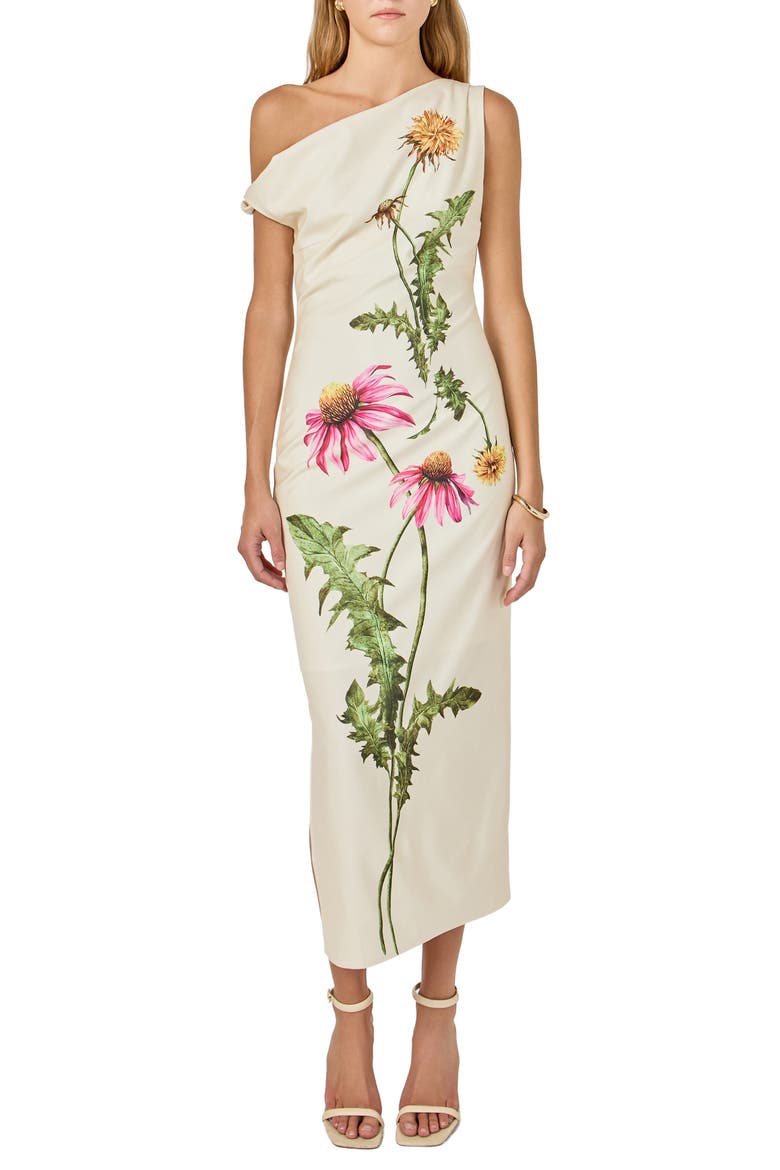 Floral Print Asymmetric Sleeveless Dress, Main, color, CREAM
