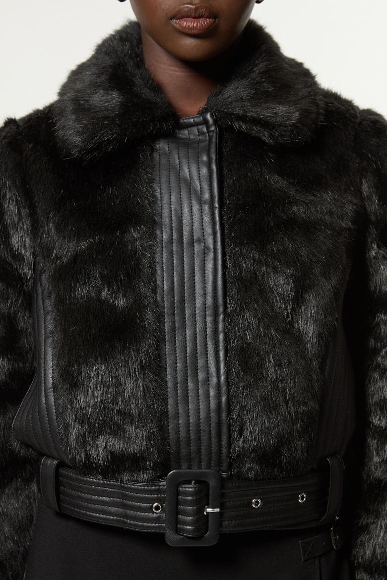 Faux Fur Pu Panel Belted Cropped Jacket, Alternate, color, Black
