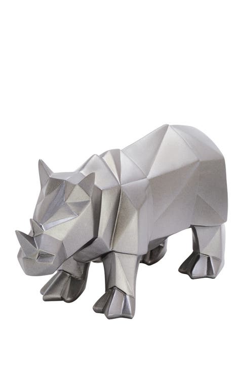 Silver Polystone Modern Rhino Sculpture