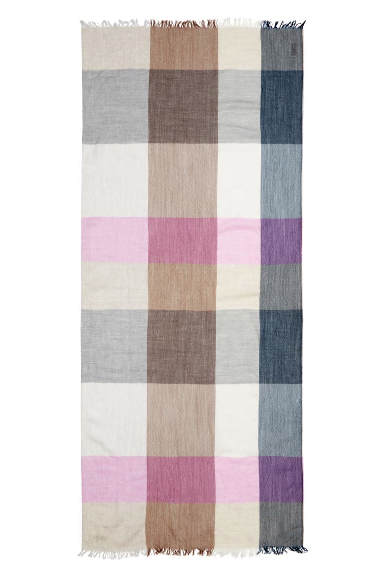 Ethie Block Check Wool Fringe Scarf, Main, color, RU7718 NATURAL / PINK