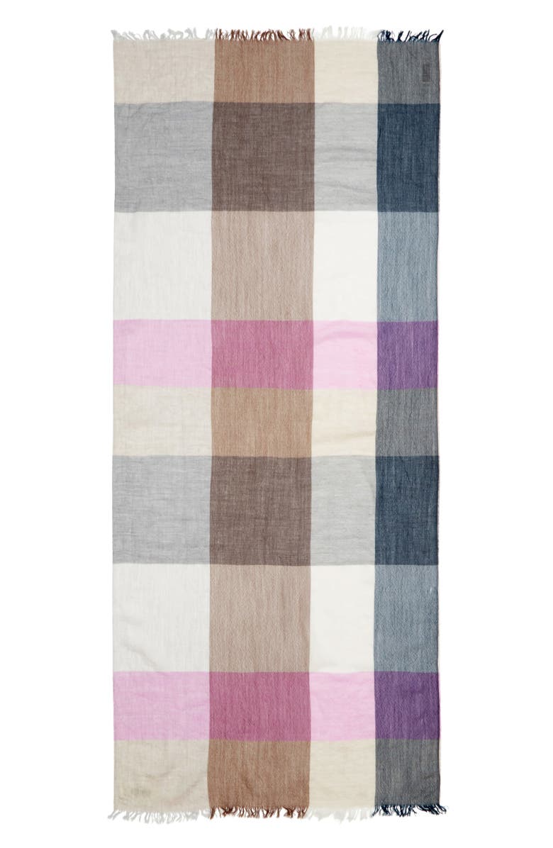 Johnstons of Elgin Ethie Block Check Wool Fringe Scarf, Main, color, Ru7718 Natural / Pink
