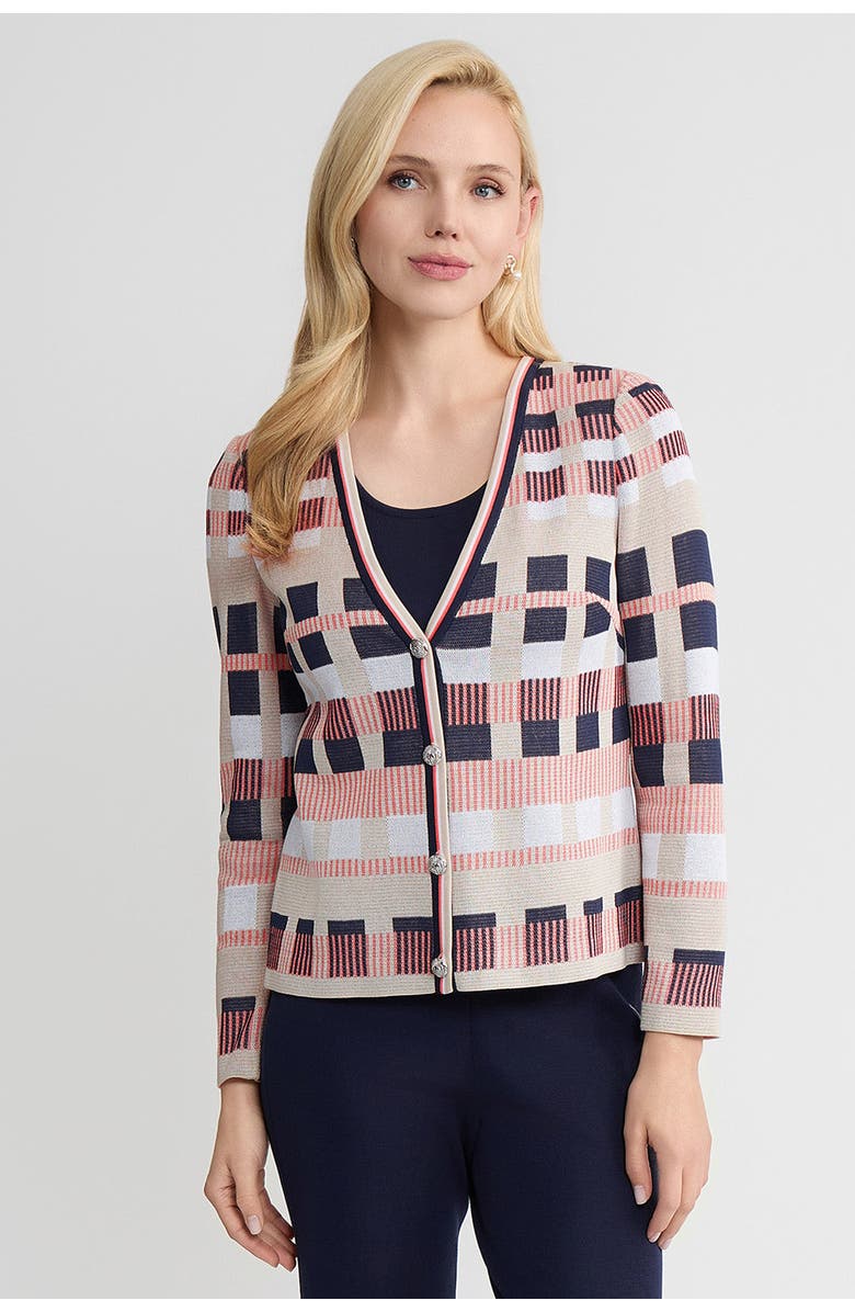 Ming Wang Heritage Jacquard Colorblock Knit Cardigan, Main, color, Sunkist Coral/Indigo/Tan