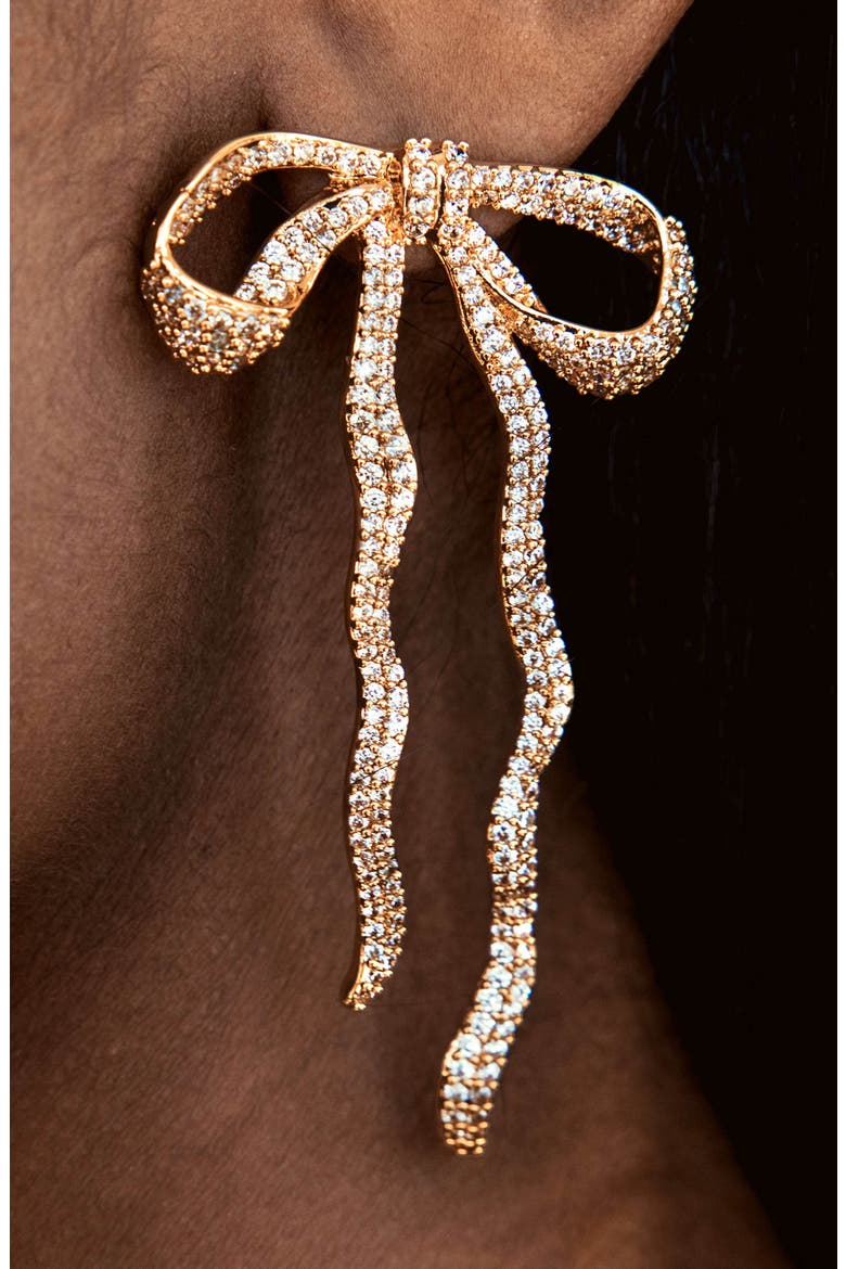 Pavé Cubic Zirconia Bow Drop Earrings, Alternate, color, GOLD
