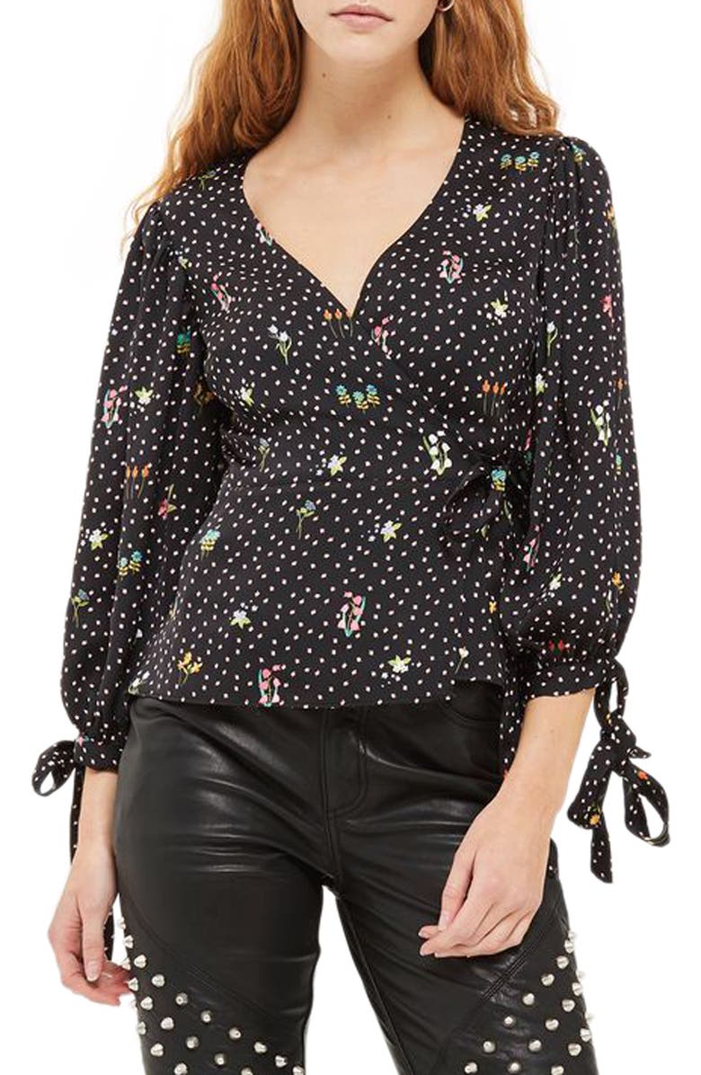 Topshop Floral Balloon Sleeve Wrap Blouse, Main, color,