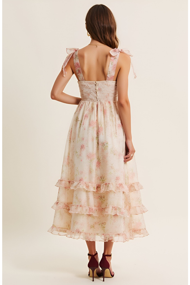 Floral Tie-Shoulder Ruched Bodice Tiered Midi Dress, Alternate, color, Floral
