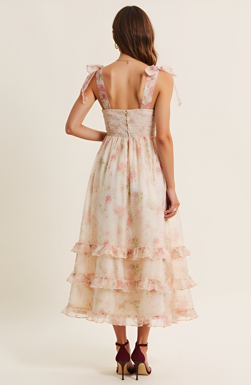 Modenaire Floral Tie-shoulder Ruched Bodice Tiered Midi Dress In Neutral