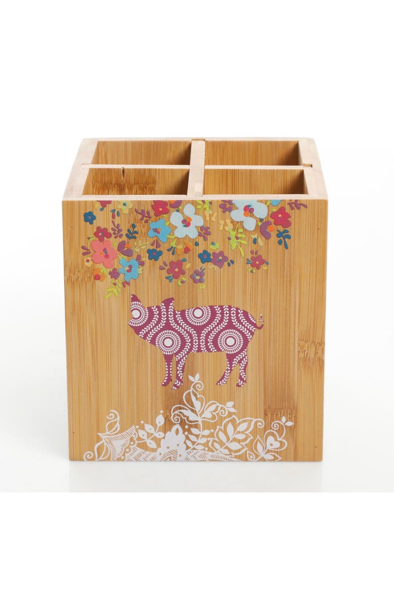 5.5" Square Wood Utensil Holder Animal Floral Print, Alternate, color, Brown