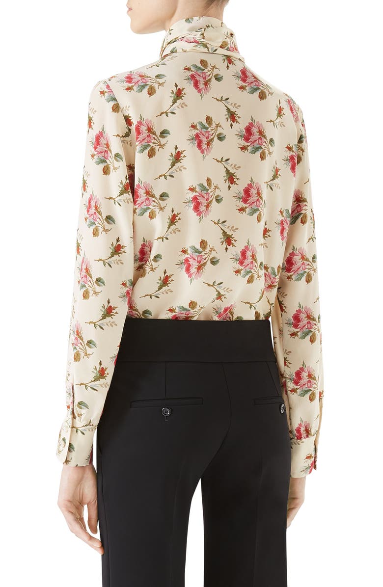 Gucci Rose Print Silk Tie Neck Blouse, Alternate, color, 