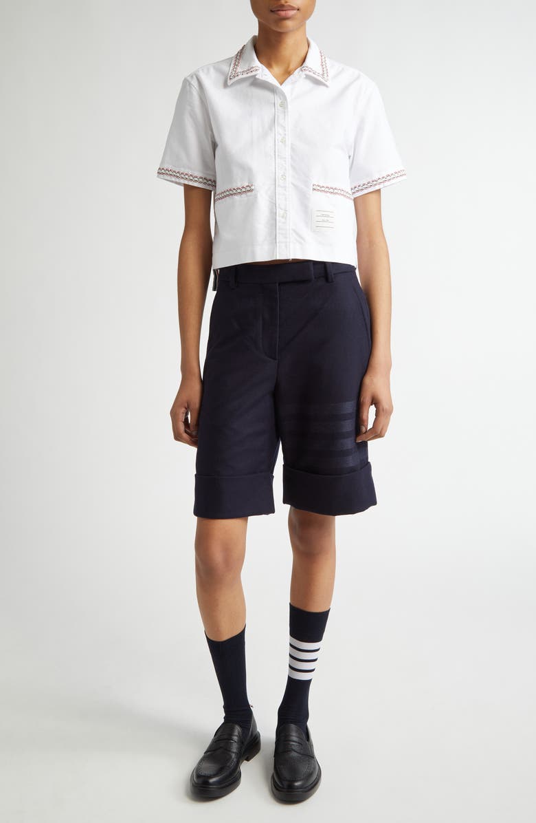 Thom Browne Drop Back Crop Short Sleeve Cotton Button-Up Shirt, Alternate, color, 