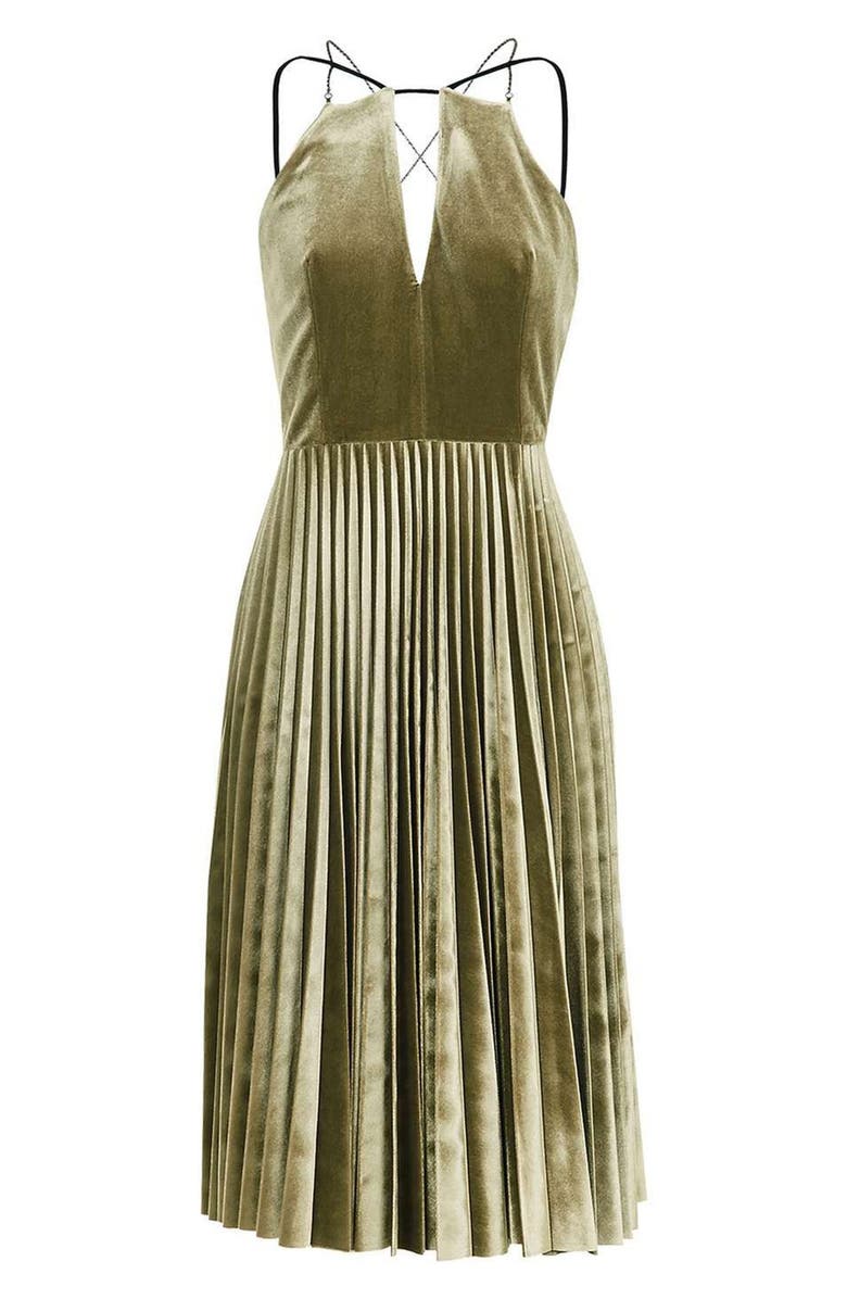 Topshop Pleated Velvet Fit & Flare Dress, Alternate, color, 