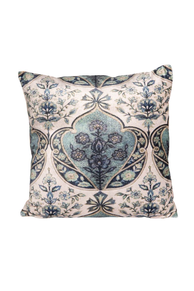 Cotton Blend Velvet Printed Pillow with Floral Pattern, Cream and Blue, Main, color, Cream