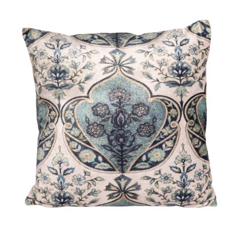 Cotton Blend Velvet Printed Pillow with Floral Pattern, Cream and Blue