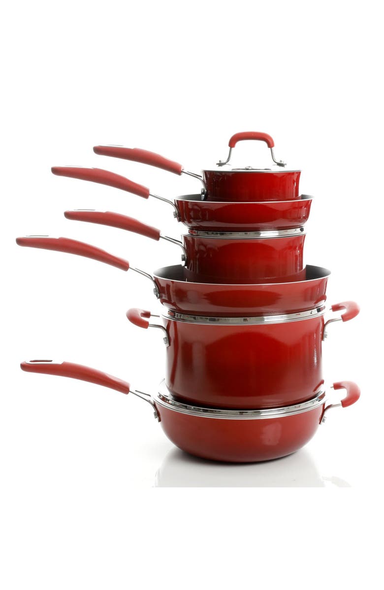 Kenmore Elite Andover 10 Piece Nonstick Aluminum Cookware Set, Alternate, color, Red Gradient