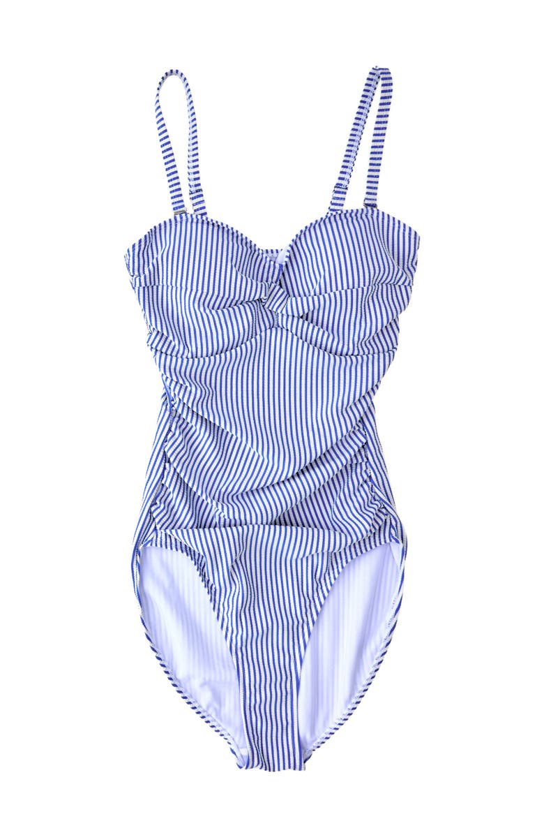 RuffleButts UPF50+ Seersucker Women's Convertible Bandeau One Piece Swimsuit, Main, color, Blue Seersucker