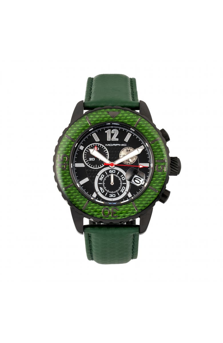 Morphic M51 Series Chronograph Leather-Band Watch w/Date, Main, color, Black/Green