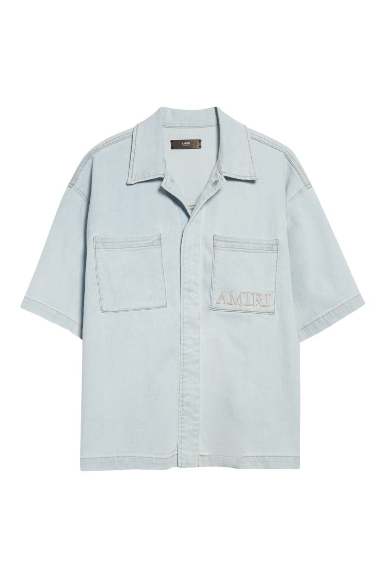 3D Logo Short Sleeve Snap-Up Denim Shirt, Main, color, LIGHT INDIGO