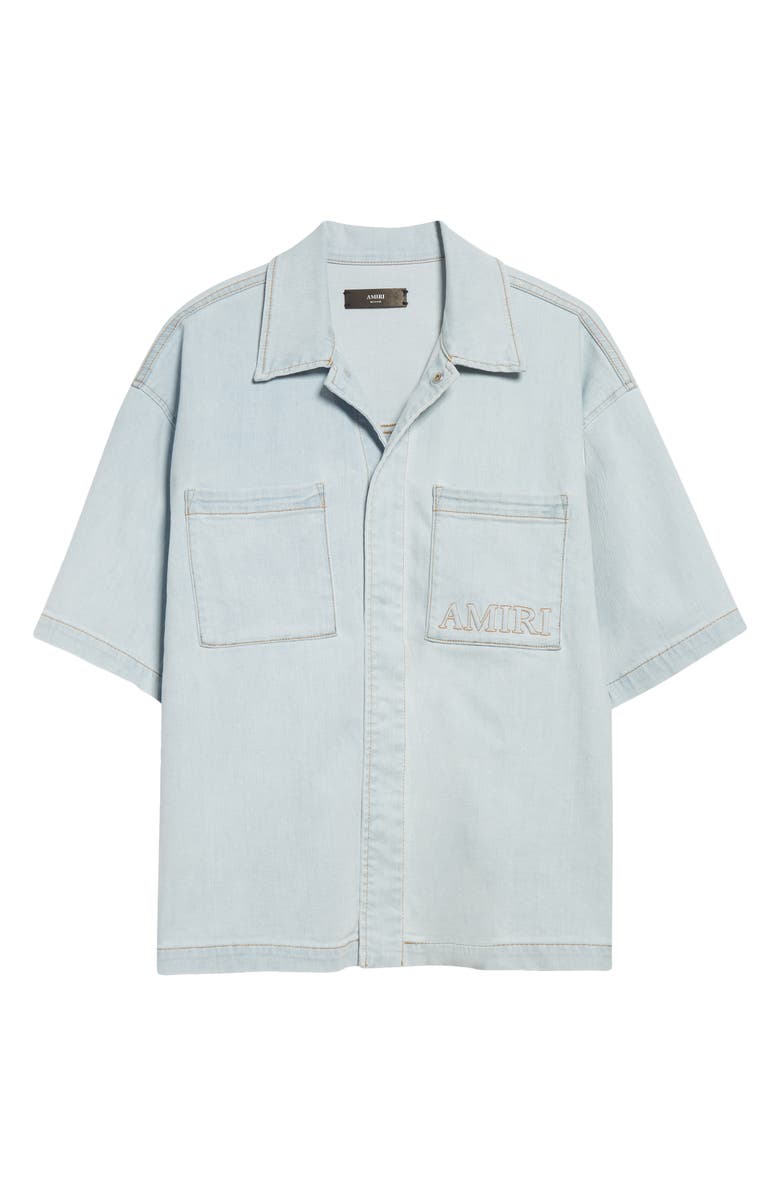 AMIRI 3D Logo Short Sleeve Snap-Up Denim Shirt, Main, color, Light Indigo