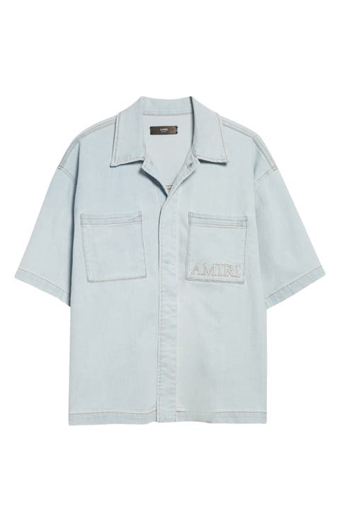 3D Logo Short Sleeve Snap-Up Denim Shirt