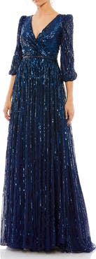 Mac Duggal Sequined Wrap Over 3/4 Sleeve Gown