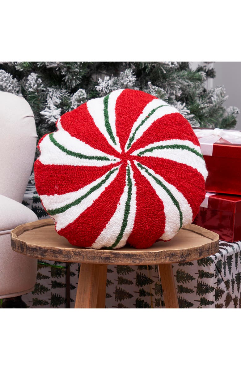 C&F Home Christmas Peppermint Shaped Hooked Pillow, Alternate, color, Red