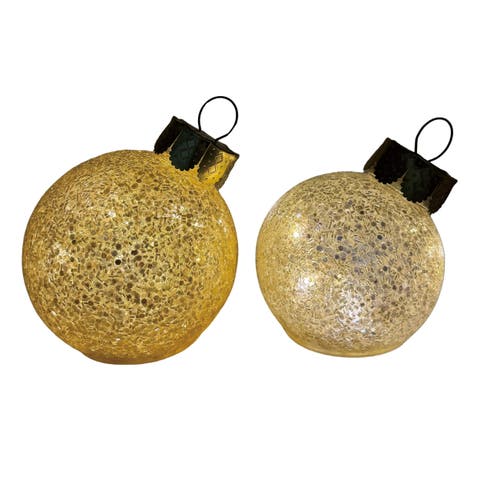 Glass Light Up Glitter Ornament Set of 2 Battery Operated Green
