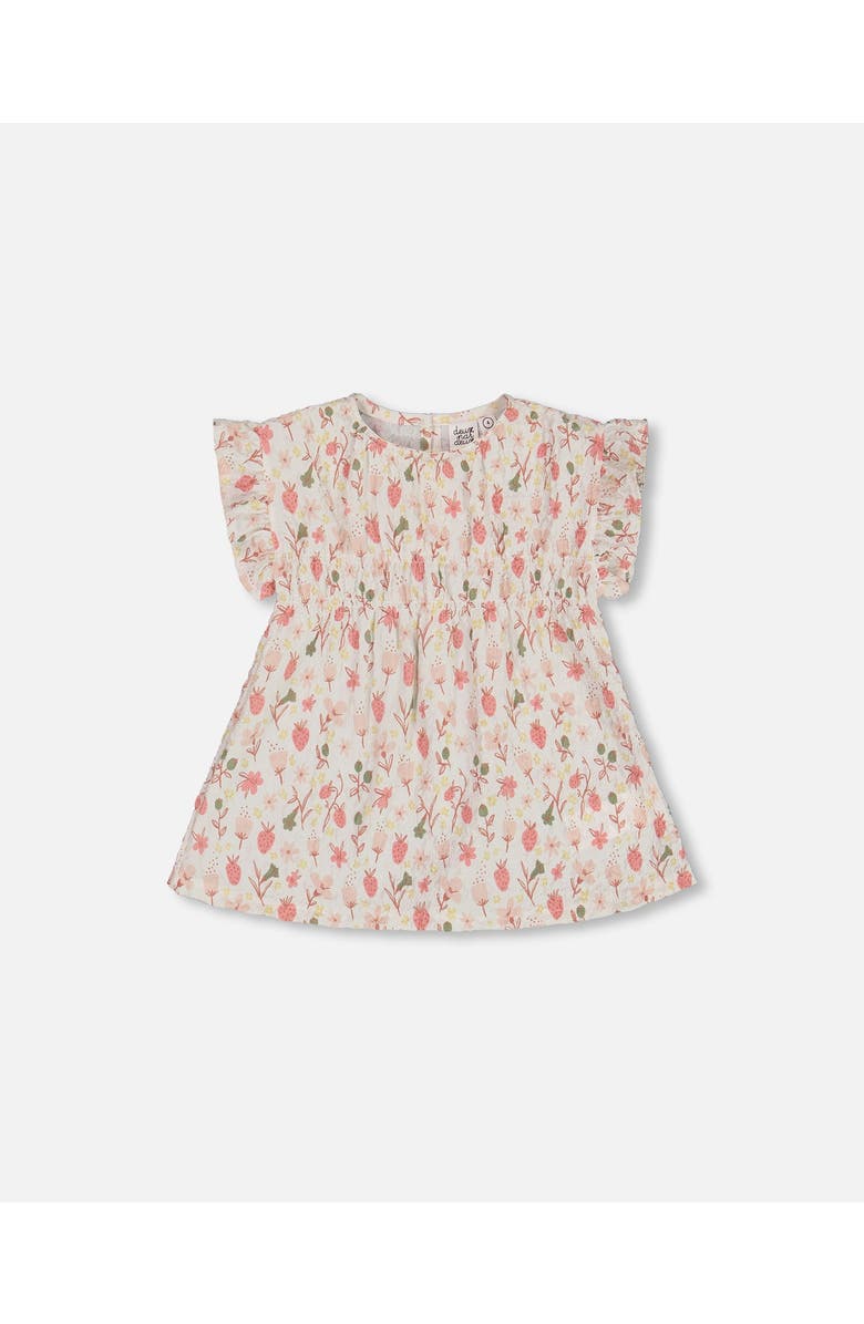 Deux par Deux Girl's Printed Seersucker Blouse With Frills Pink Flowers On Cream Background, Main, color, Pink Flowers On Cream