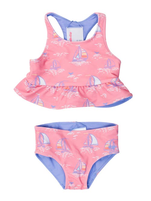 Rufflebutts Baby/toddler Girls Upf50+ Sun Protected Reversible Peplum Tankini In Pink Seas The Day