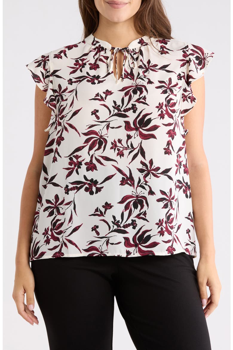 Ruffle Tie Neck Top, Main, color, IVORY- BURG SUNSET FLORAL
