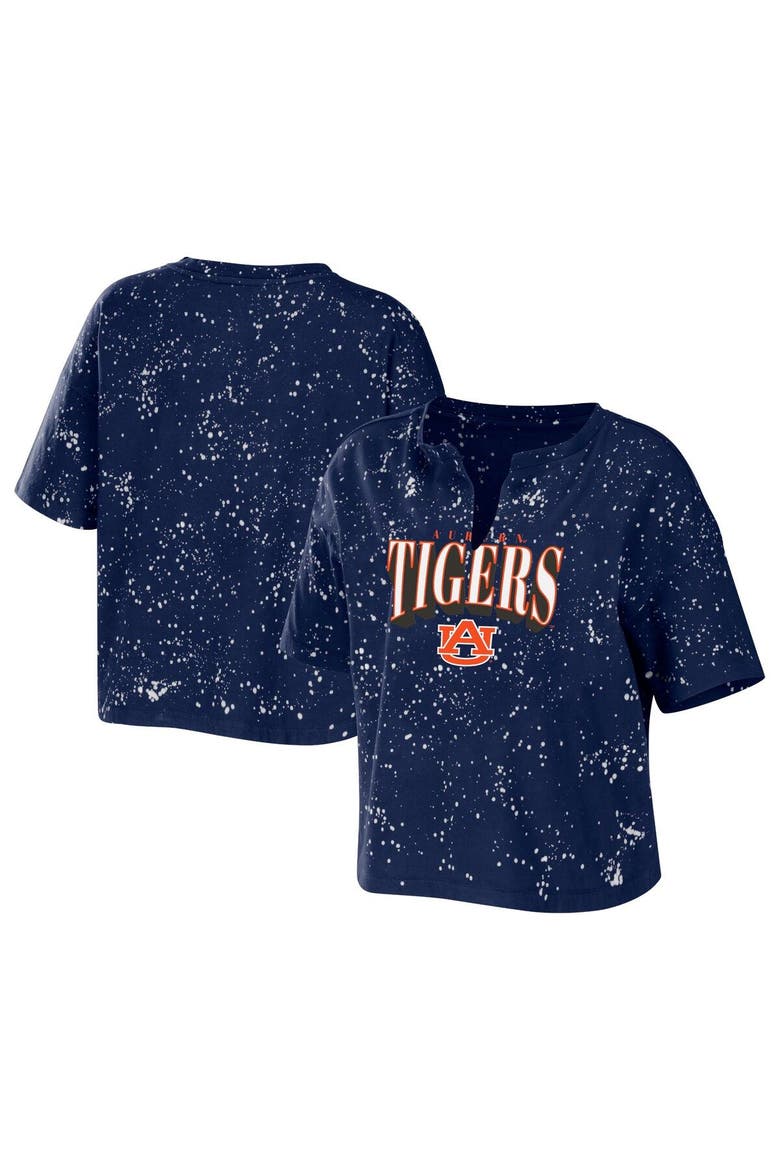 Women's WEAR by Erin Andrews Navy Auburn Tigers Bleach Wash Splatter Cropped Notch Neck T-Shirt, Main, color, Navy