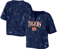 WEAR by Erin Andrews Women's WEAR by Erin Andrews Navy Auburn Tigers Bleach Wash Splatter Cropped Notch Neck T-Shirt