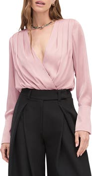 Favorite Daughter Surplice Long Sleeve Satin Bodysuit