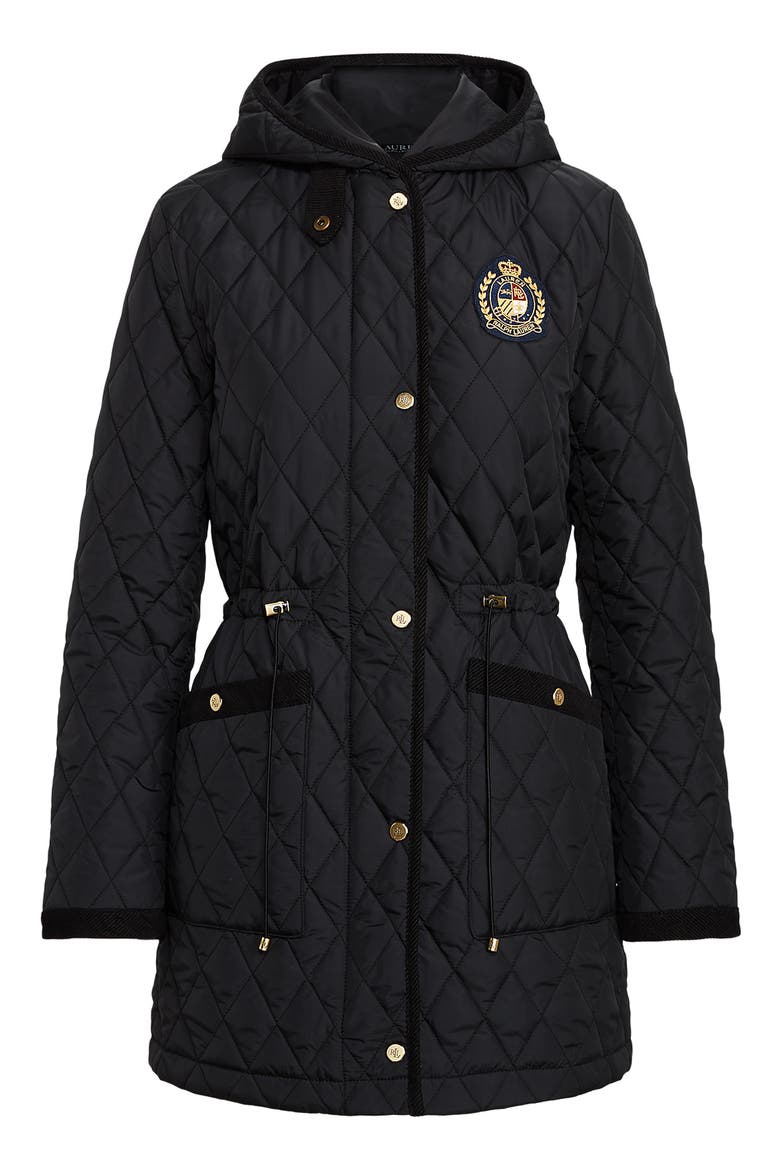 Quilted Crest Hooded Coat, Alternate, color, BLACK