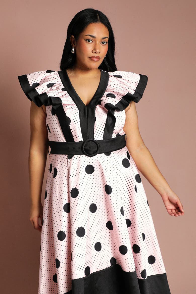 Plus Polka Dot Fit And Flare Midi Dress, Alternate, color, Pink