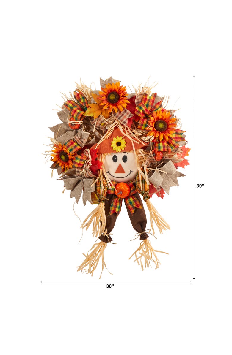 NEARLY NATURAL 30-in Scarecrow Fall Artificial Autumn Wreath with Sunflower, Pumpkin and Decorative Bows, Alternate, color, Orange