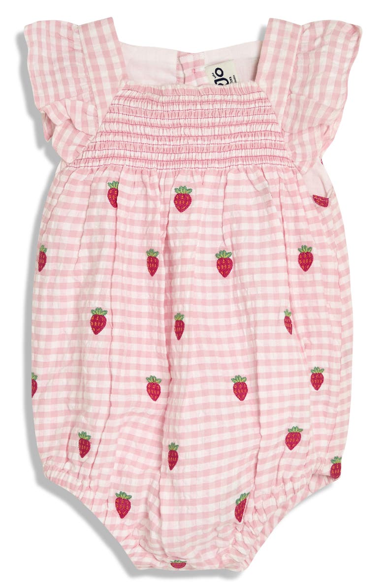 JOJO MAMAN BEBE Gingham Check Strawberry Embroidered Romper & Sun Hat Set, Alternate, color,