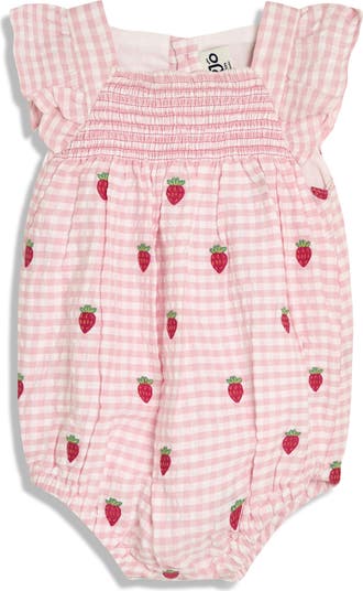 Gingham Check Strawberry Embroidered Romper & Sun Hat Set